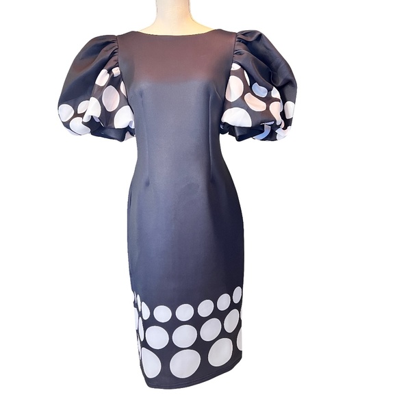 #A061   For Her NYC vintage  Black Polka Dot Puff Sleeve Dress NWT Size M - Picture 1 of 8
